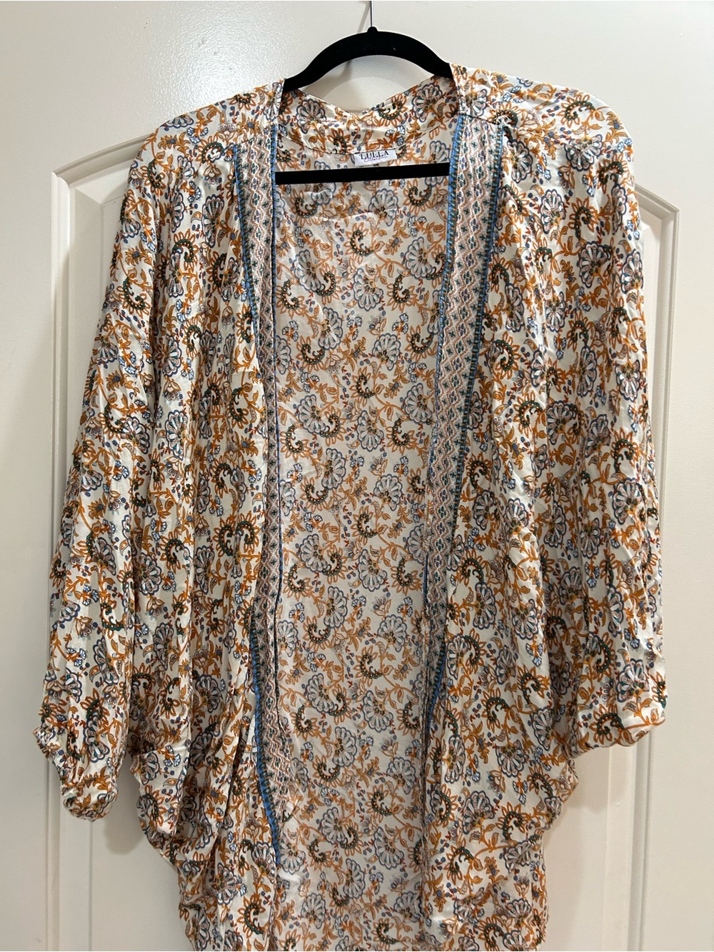 Blue and White and Mustard Floral Open-Front Kimono